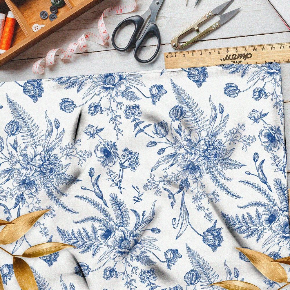 Ткань интерлок синие листья и цветы