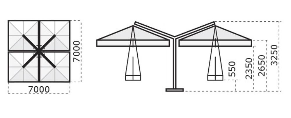 Зонт профессиональный четырехкупольный 7х7 м Scolaro Wood Poker, имитация ироко, слоновая кость