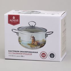 КАСТРЮЛЯ AGNESS ЭМАЛИРОВАННАЯ СО СТЕКЛЯННОЙ КРЫШКОЙ СЕРИЯ "LAVENDER CATS", 2,0 Л ДИА. 18СМ