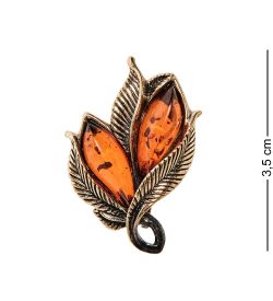 AM-2572 Брошь «Винтажный листик» (латунь, янтарь)
