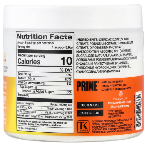 Prime Hydration, Rapid ReHydration, смесь для приготовления электролитического напитка, со вкусом апельсина, 283,2 г (9,9 унции)