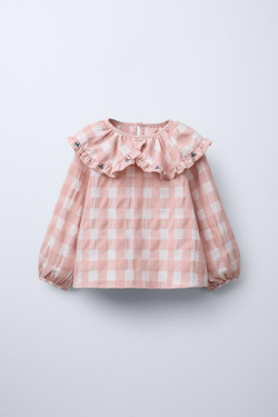 ZARA РУБАШКА В КЛЕТКУ С ЦВЕТОЧНОЙ ВЫШИВКОЙ, РОЗОВЫЙ