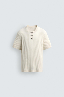 ZARA ФУТБОЛКА В РУБЧИК С ВОРОТНИКОМ ХЕНЛИ, ЭКРЮ
