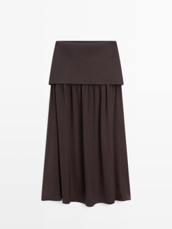 Massimo Dutti Струящаяся юбка миди с контрастными деталями, коричневый