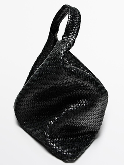 Massimo Dutti Большая плетеная сумка-шопер из кожи наппа, черный