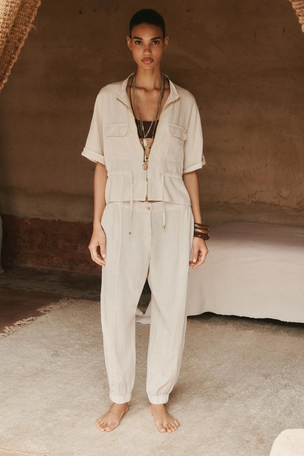 ZARA РУБАШКА САФАРИ ИЗ ЛЬНА, ПЕСОЧНЫЙ