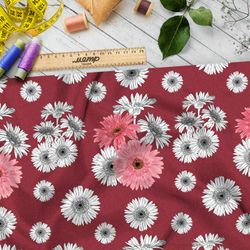 Ткань таффета разноцветные хризантемы на красном фоне