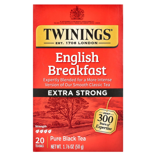 Twinings, чистый черный чай, английский завтрак, экстракрепкий, 20 чайных пакетиков, 50 г (1,76 унции)