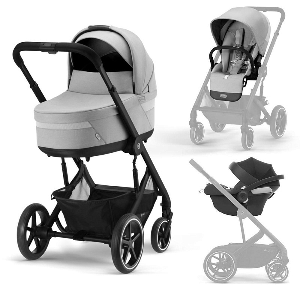 Коляска 3 в 1 Cybex Balios S Lux BLK и автокресло Aton B2 i-Size Volcano Black с базой isofix Base One Lava Grey с дождевиком