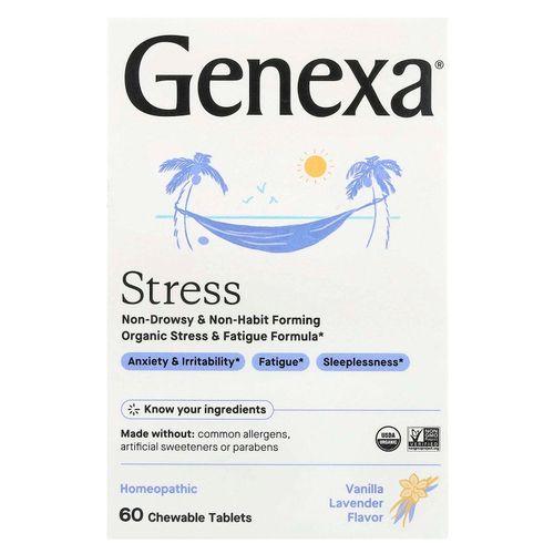 Genexa, Stress, органическая формула против стресса и усталости, ваниль и лаванда, 60 жевательных таблеток
