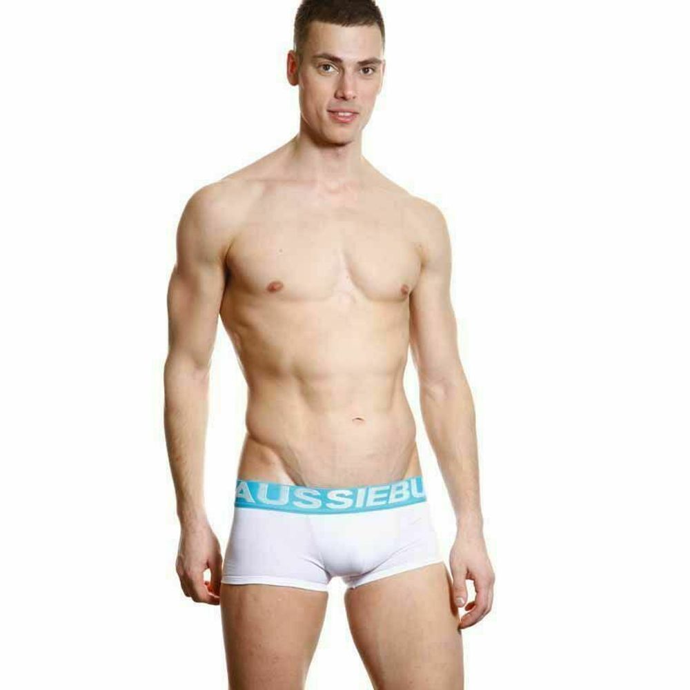 Мужские трусы хипсы белые с бирюзовой резинкой Aussiebum Flame Steam Hipster AB00261