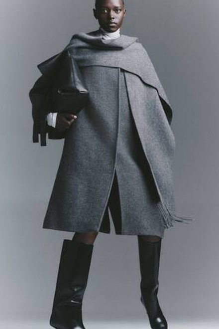 H&M Пальто из смесовой шерсти с воротником-шарфом, темно-серый