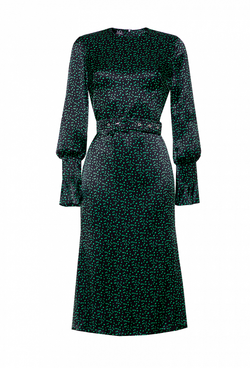 Платье шёлковое, юбка-годе черное с зеленым рисунком 04-05-22 SS