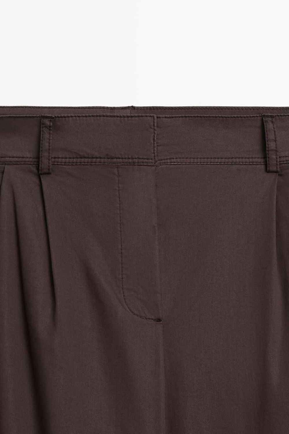 Massimo Dutti Плиссированные брюки из смесовой хлопковой ткани поплин, шоколадный