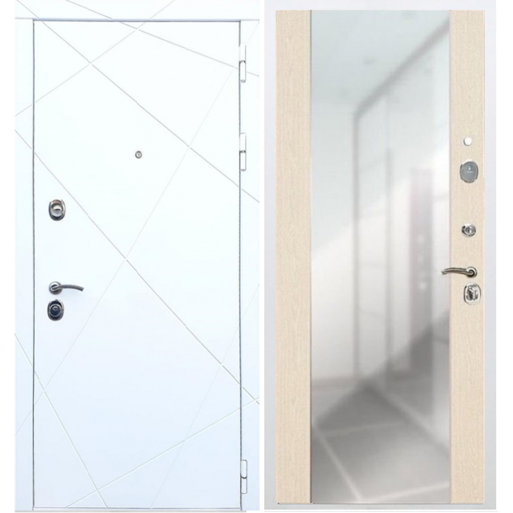 Входная металлическая белая дверь с зеркалом RеX (РЕКС) 13 Силк сноу / СБ-16 Лиственница бежевая