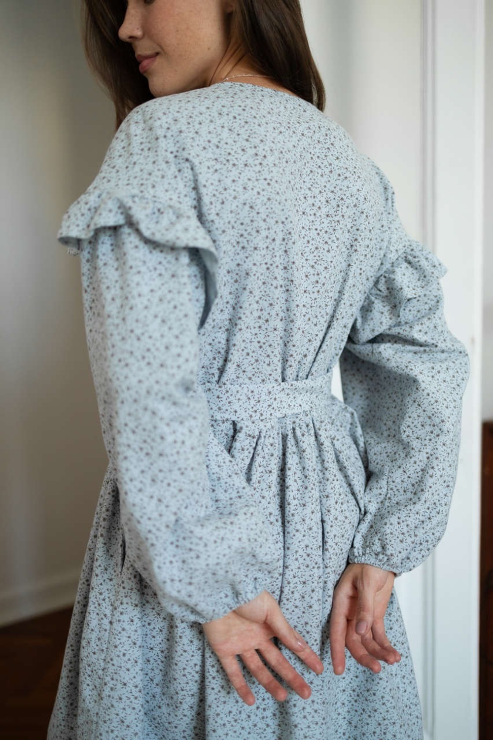 Платье Ася из фланели для беременных и кормящих мам, Серо-голубой с кофейными цветами