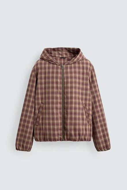 ZARA КУРТКА В КЛЕТКУ С КАПЮШОНОМ, КРАСНОВАТЫЙ