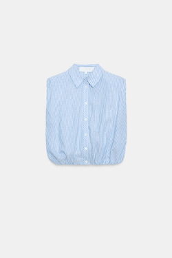 ZARA УКОРОЧЕННАЯ РУБАШКА В ПОЛОСКУ С ПОГОНАМИ, СИНИЙ/БЕЛЫЙ