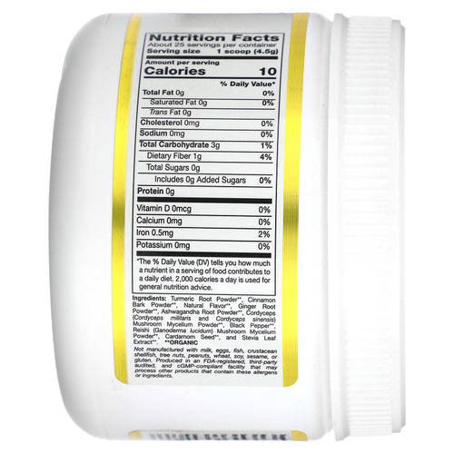 California Gold Nutrition, Superfoods, GoldenCeps, органическая куркума с ашвагандой, кордицепсом и рейши, 114 г (4 унции)