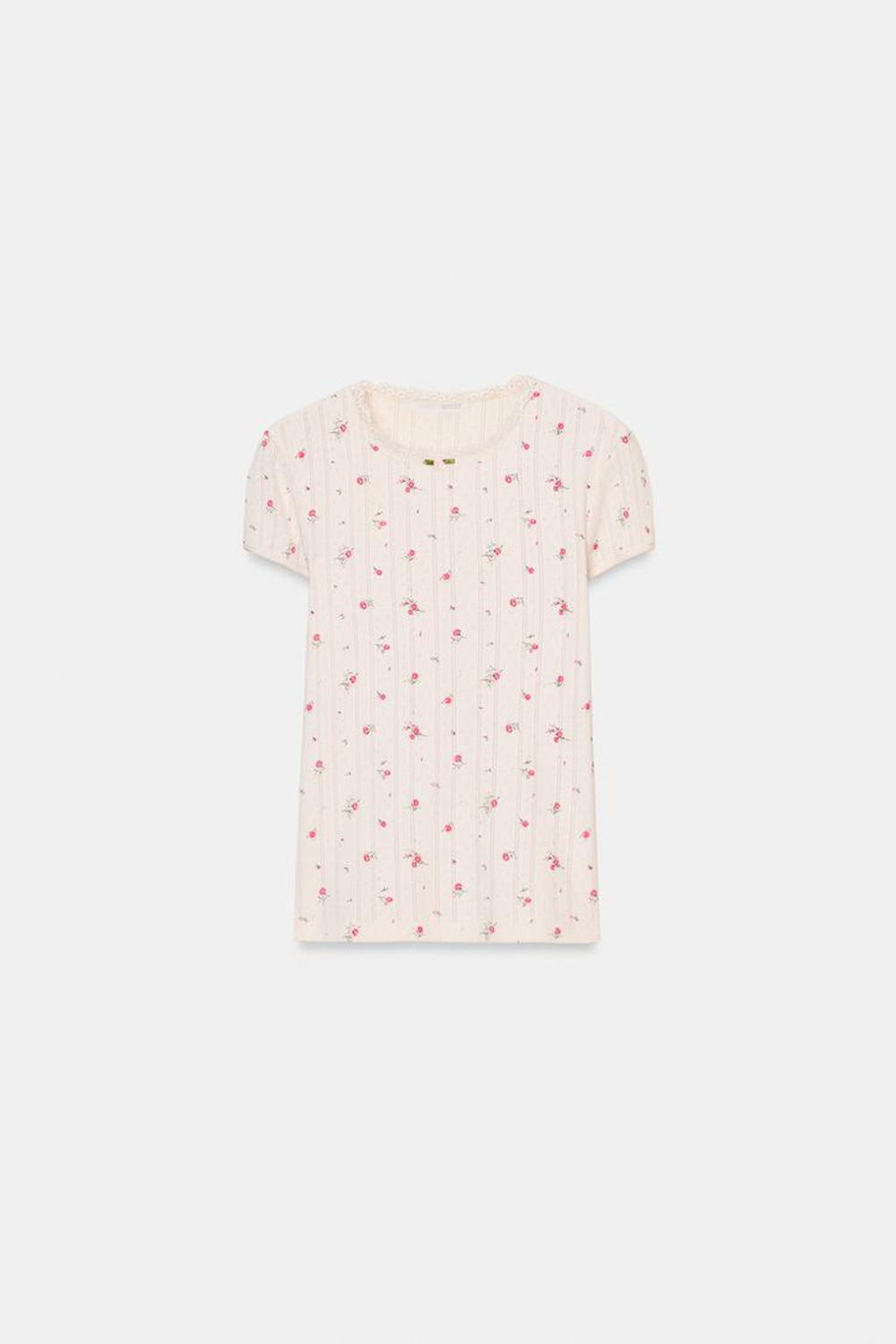 ZARA ФУТБОЛКА С ПЕРФОРАЦИЕЙ И ЦВЕТАМИ, ЭКРЮ