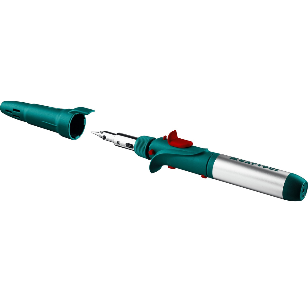 KRAFTOOL SolderGas, 120 K, 30 - 120 Вт, 1300°С, горелка, фен, пьезоподжиг, набор 10 в 1, газовый паяльник (55503-H10)
