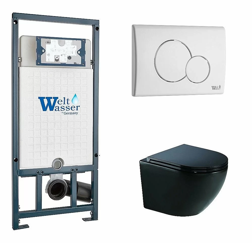 Унитаз подвесной WeltWasser MARBERG 507+MERZBACH 041 XL MT-BL+MAR 507 RD GL-WT черный матовый, безободковый, с крышкой микролифт, слив-торнадо, с инсталляцией и белой глянцевой кнопкой