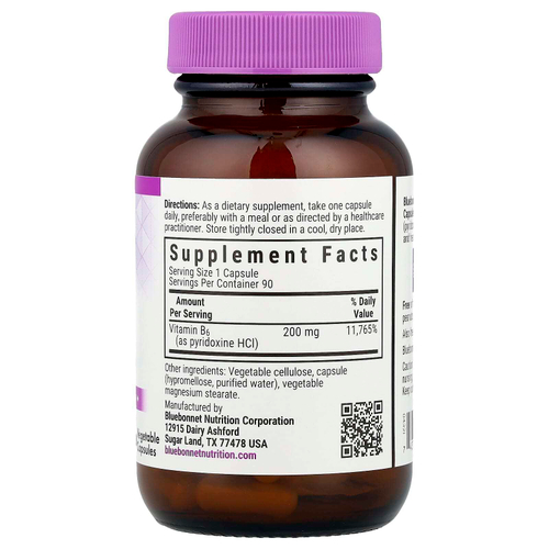 Bluebonnet Nutrition, витамин B6, 200 мг, 90 растительных капсул