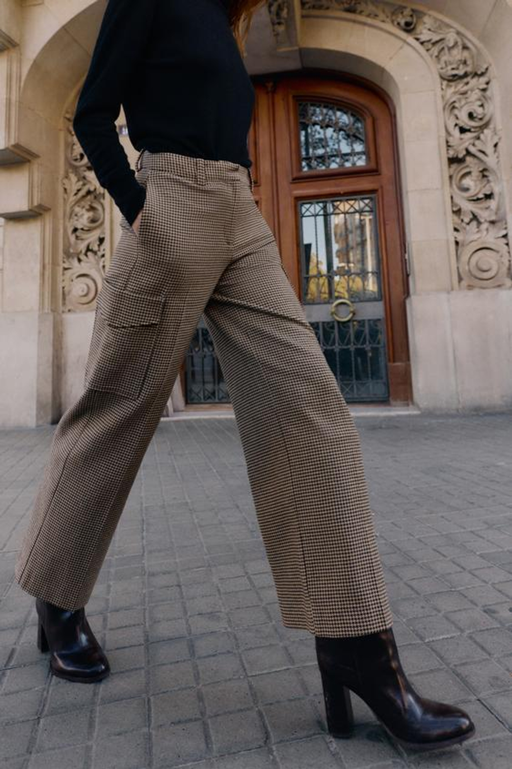 ZARA БРЮКИ КАРГО «ГУСИНАЯ ЛАПКА», ЧЕРНЫЙ/КОРИЧНЕВЫЙ