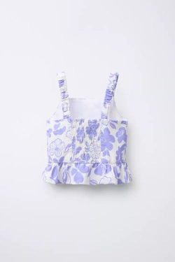 ZARA ТОП ИЗ СМЕСОВОГО ЛЬНА С ПРИНТОМ, ЭКРЮ/СИНИЙ