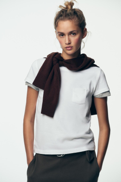 ZARA ФУТБОЛКА ИЗ ТКАНИ С ЭФФЕКТОМ ПОТЕРТОСТИ С КАРМАНОМ, БЕЛЫЙ