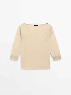 Massimo Dutti Футболка из смеси шерсти и льна, светло-бежевый