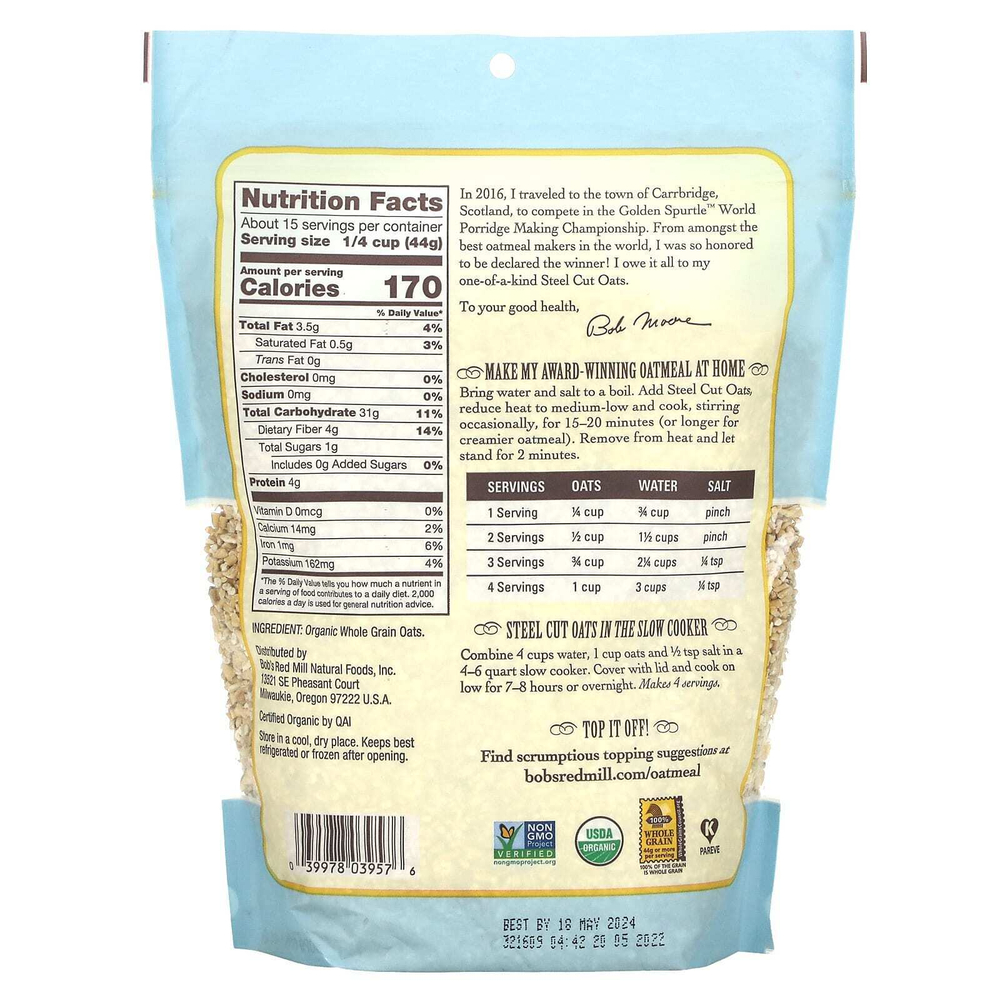 Bob's Red Mill, органический необработанный овес, цельное зерно, 680 г (24 унции)