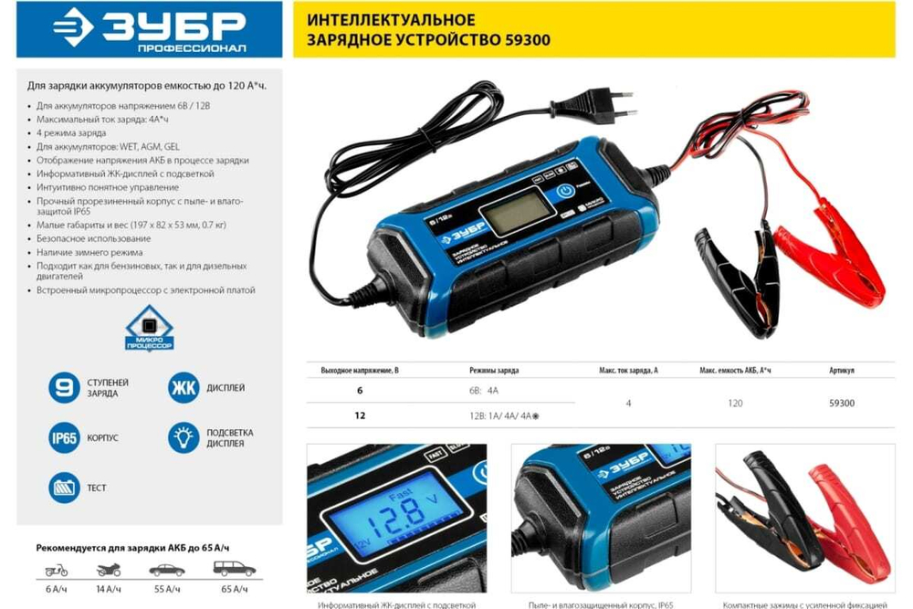 Зарядное устройство ЗУБР Профессионал 6/12 В, 4А, IP65, ЗУ-120 59300