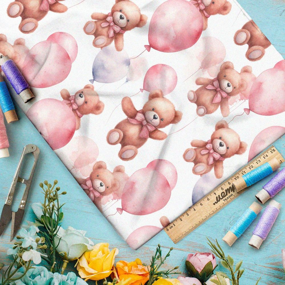 Ткань премиум интерлок медведи с акварельными шарами