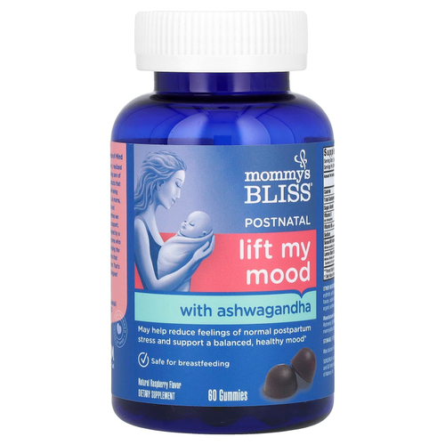 Mommy's Bliss, Postnatal, жевательные таблетки для снятия настроения с ашвагандой, со вкусом натуральной малины, 60 жевательных таблеток