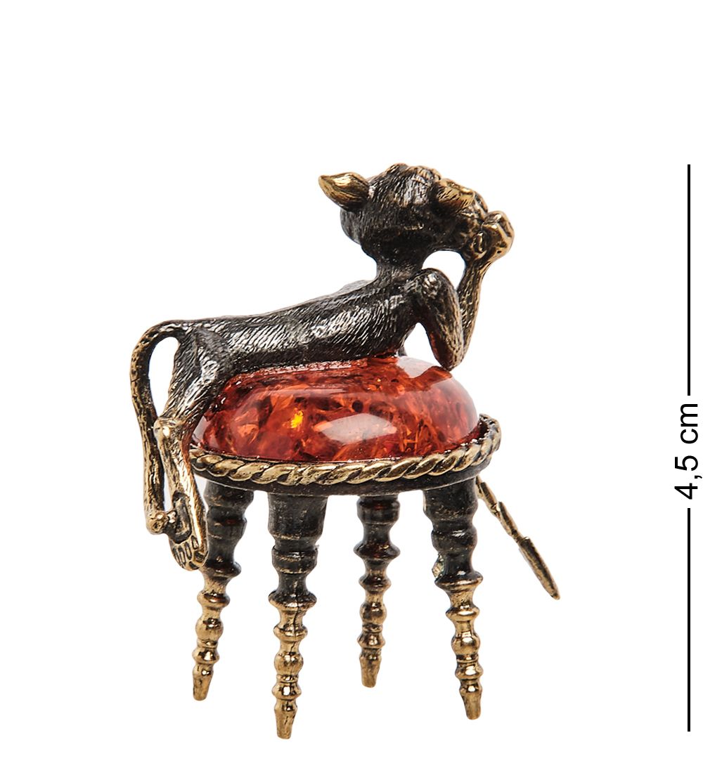 Народные промыслы AM-1043 Фигурка «Кот сытый на пуфике» (латунь, янтарь)