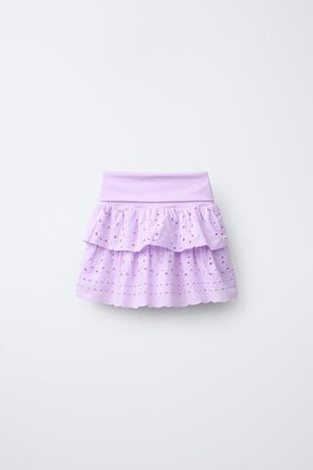 ZARA ЮБКА С ВЫШИВКОЙ ШИФФЛИ И ПОЯСОМ С ОТВОРОТОМ, СИРЕНЕВЫЙ