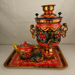 Самовар электрический трехлитровый в наборе с подносом и чайником с художественной росписью «Рябинка»