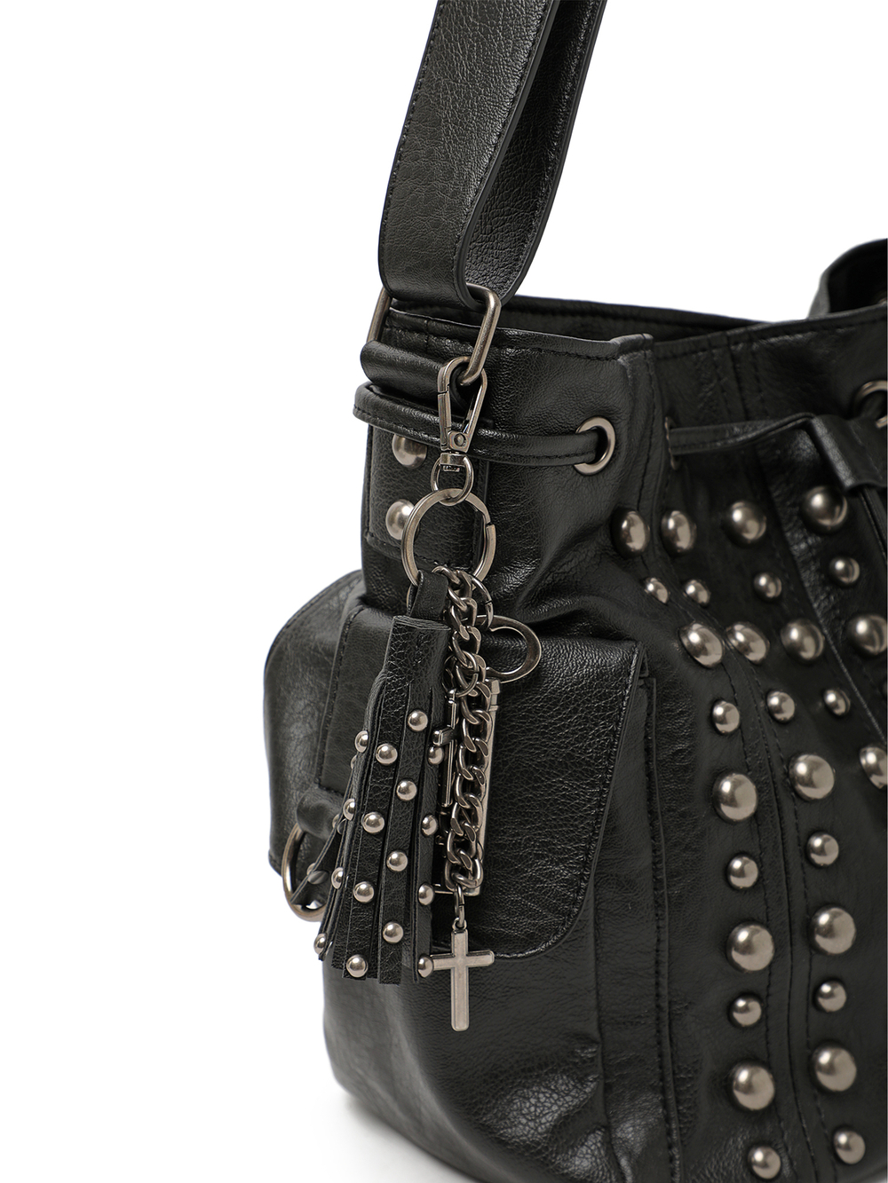 Сумка На Плечо Cleo Black Washed Faux Leather Studded Bucket Bag