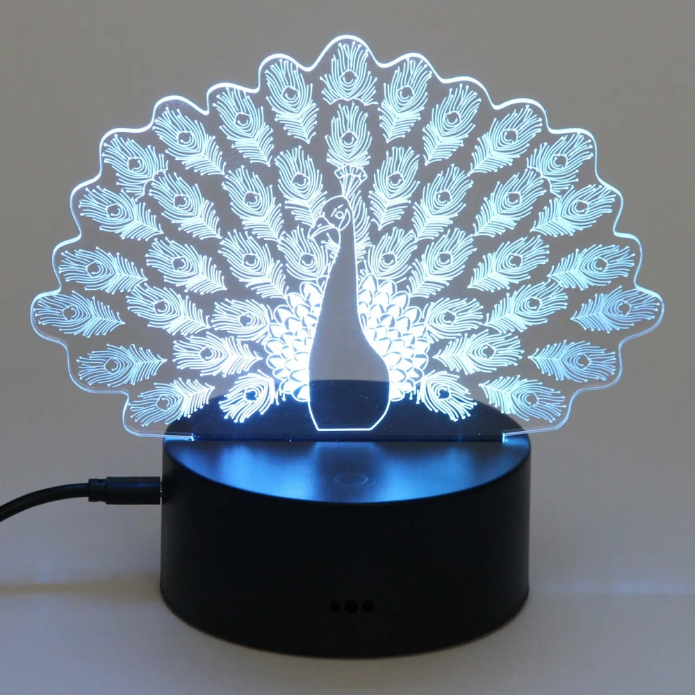 Светильник ночник «3D-Павлин» на пластиковой подставке, с включателем USB