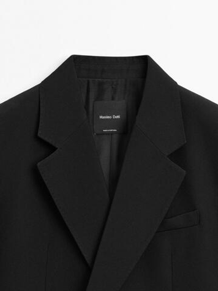 Massimo Dutti Двубортный укороченный блейзер из смесовой шерсти, черный