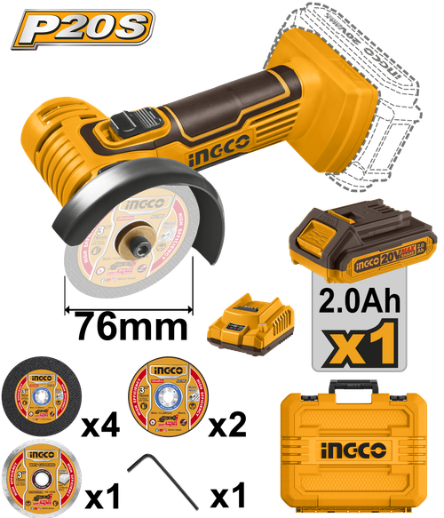 Угловая шлифовальная машина аккумуляторная 76 мм Li-Ion 20В INGCO CAGLI76012 INDUSTRIAL С НДС
