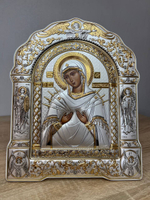 Семистрельная БМ, икона арочная с рамкой, белое дерево 167х228