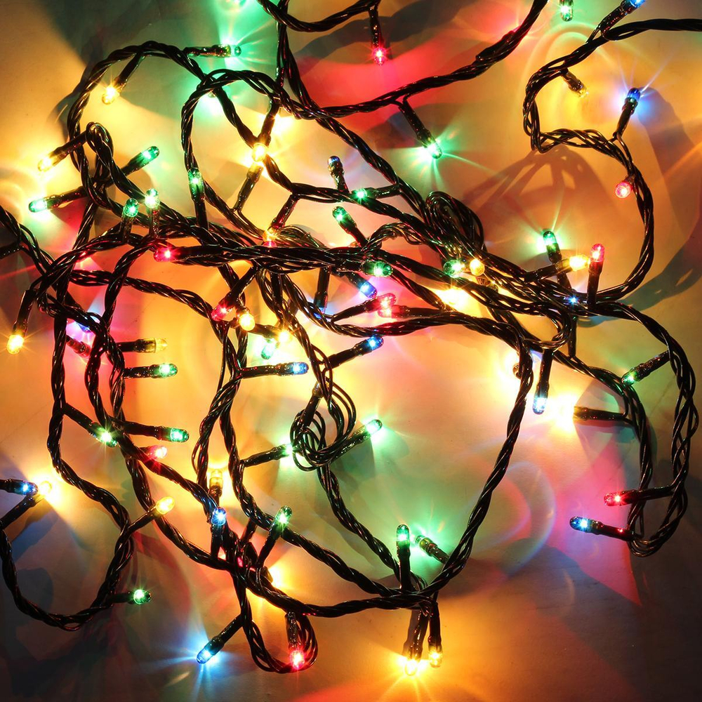 Электрогирлянда м/лампы цвет, 100 ламп, 5м, 8 р.миг., зелен. провод,кор