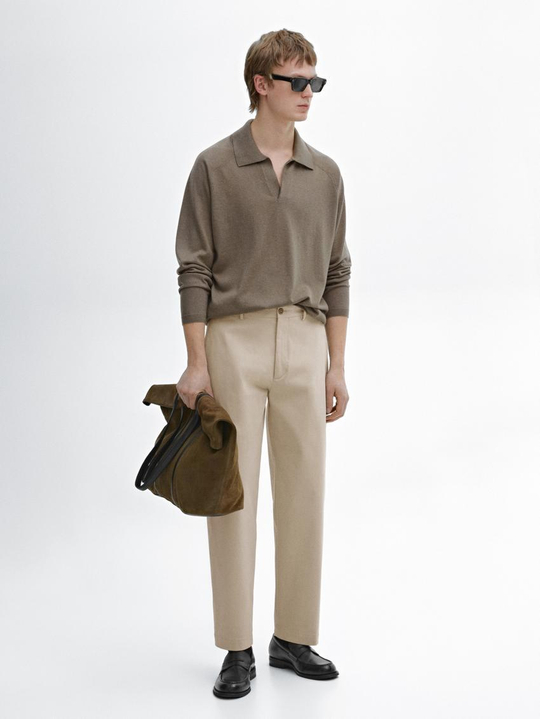 Massimo Dutti Трикотажный свитер из смесовой шерсти с воротником поло, кофейный