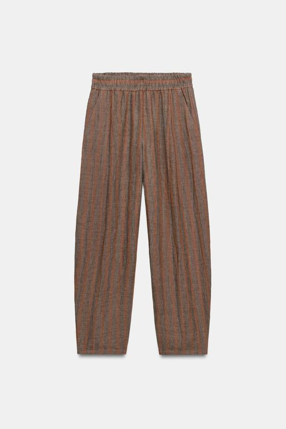 ZARA БРЮКИ В ПОЛОСКУ ИЗ 100% ЛЬНА, КОРИЧНЕВЫЙ