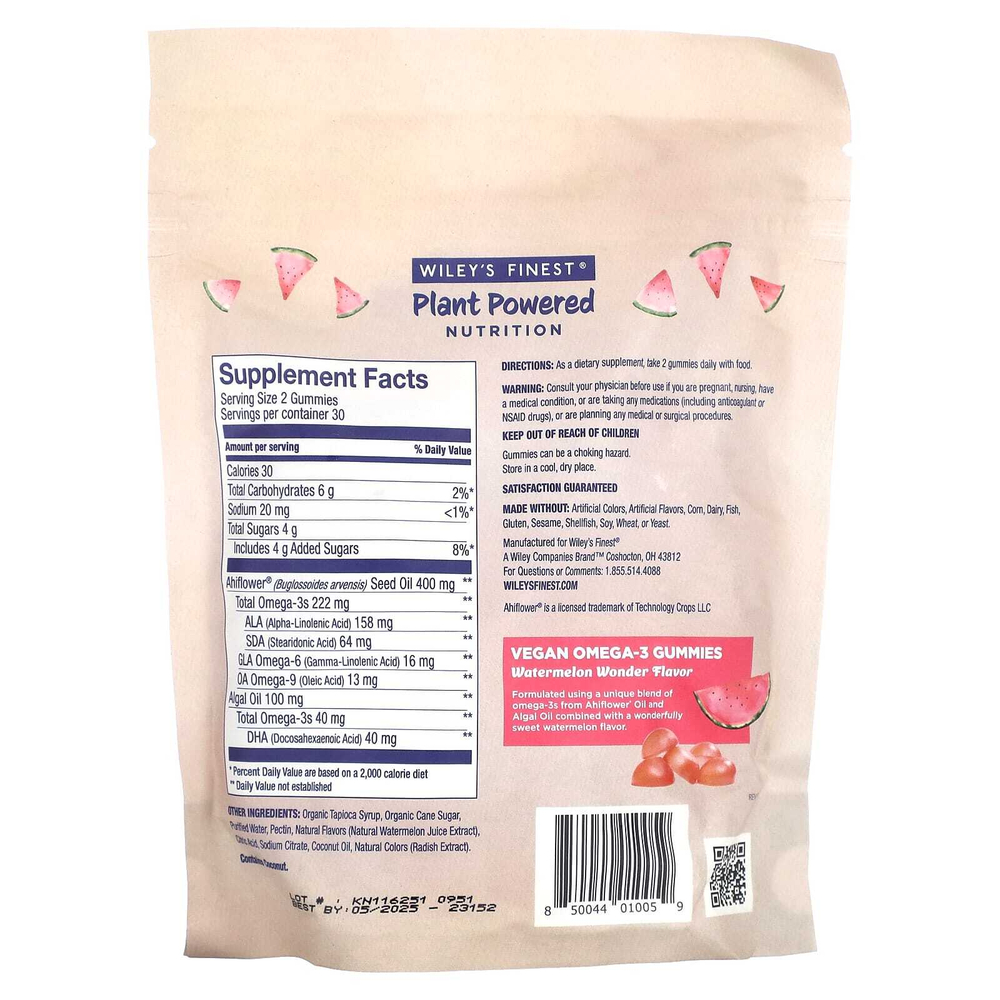 Wiley's Finest, Plant Powered Nutrition, веганские жевательные таблетки омега-3, со вкусом арбуза, 262 мг, 60 жевательных таблеток (131 мг в 1 жевательной таблетке)