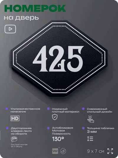 Номерок на дверь квартиры 425, для кабинета, офиса, шильдик 9 х 7 см, черный, Айдентика Технолоджи