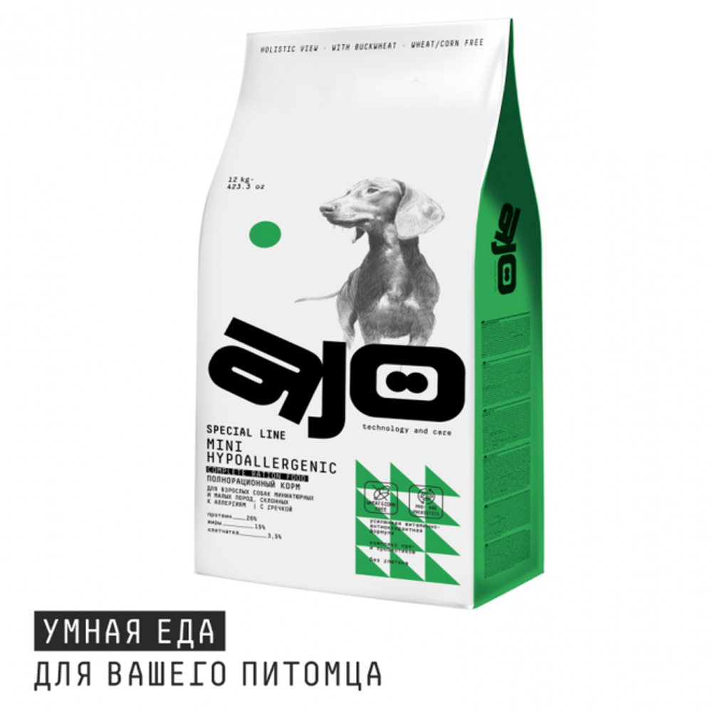Сухой корм AJO Dog Mini Hypoallergenic для взрослых собак миниатюрных и малых пород, склонных к аллергиям, с гречкой