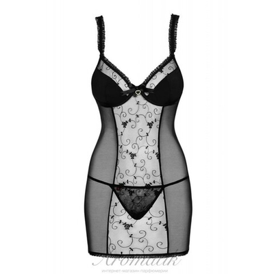 Сорочка полупрозрачная с узором по бокам и стринги Amanta (Obsessive) SM (42-44) (Цвет: черный, голубой)